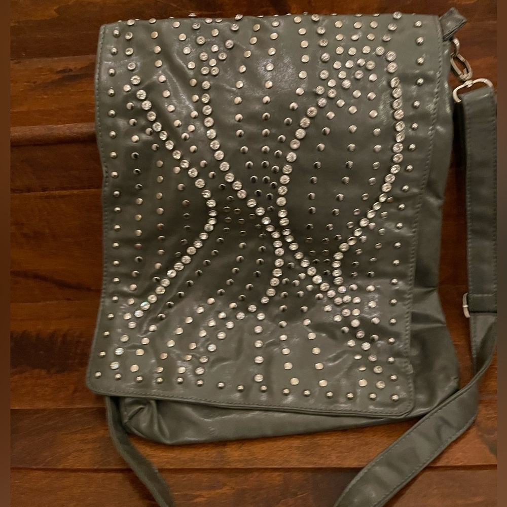Gray rhinestone and studded crossbody purse